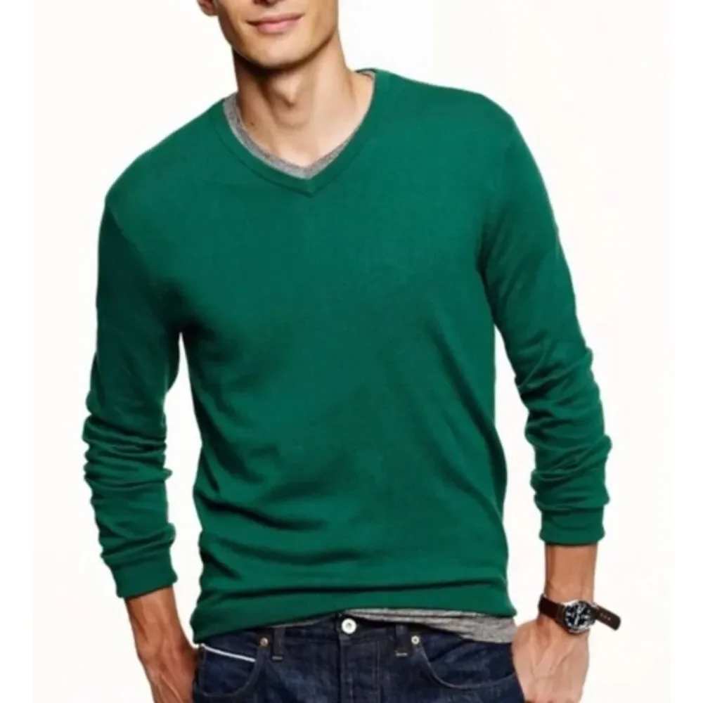 J.Crew Men Size L Cotton Cashmere Kelly Green V-Neck Sweatshirt Casual Minimal
